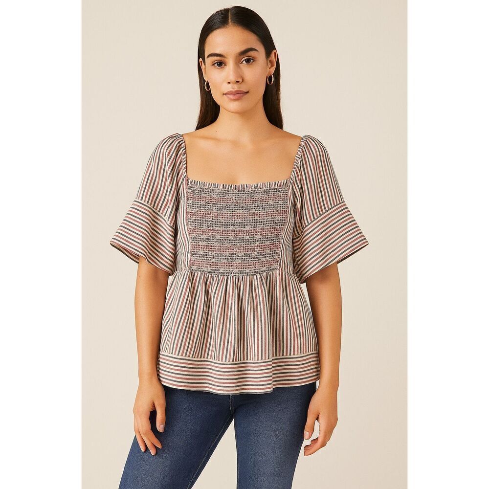 OLD NAVY Women’s XL Square Smocked Neck Peasant Blouse Stripes Flared Sleeves